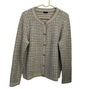 Talbots Cardigan Sweater Womens Large Blue Plaid‎ Sequin Gold Button Excellent